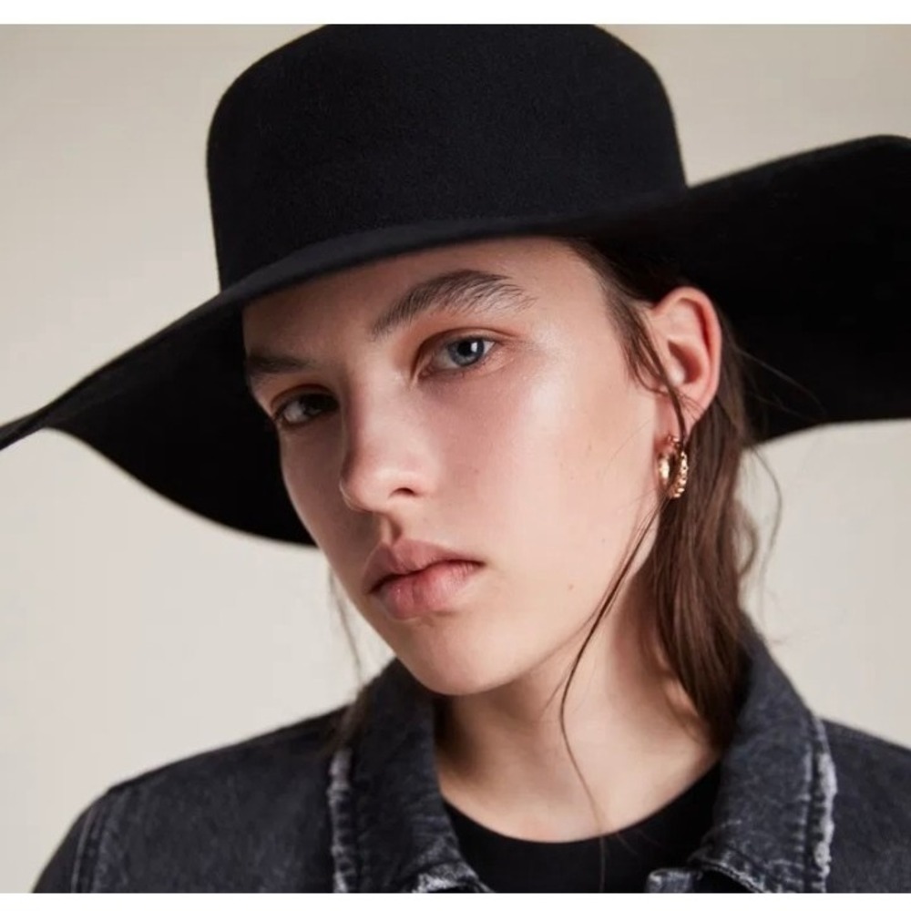 AllSaints Bolero With Chain Black Wool Felt Wide Brim Hat AS100664 NWT